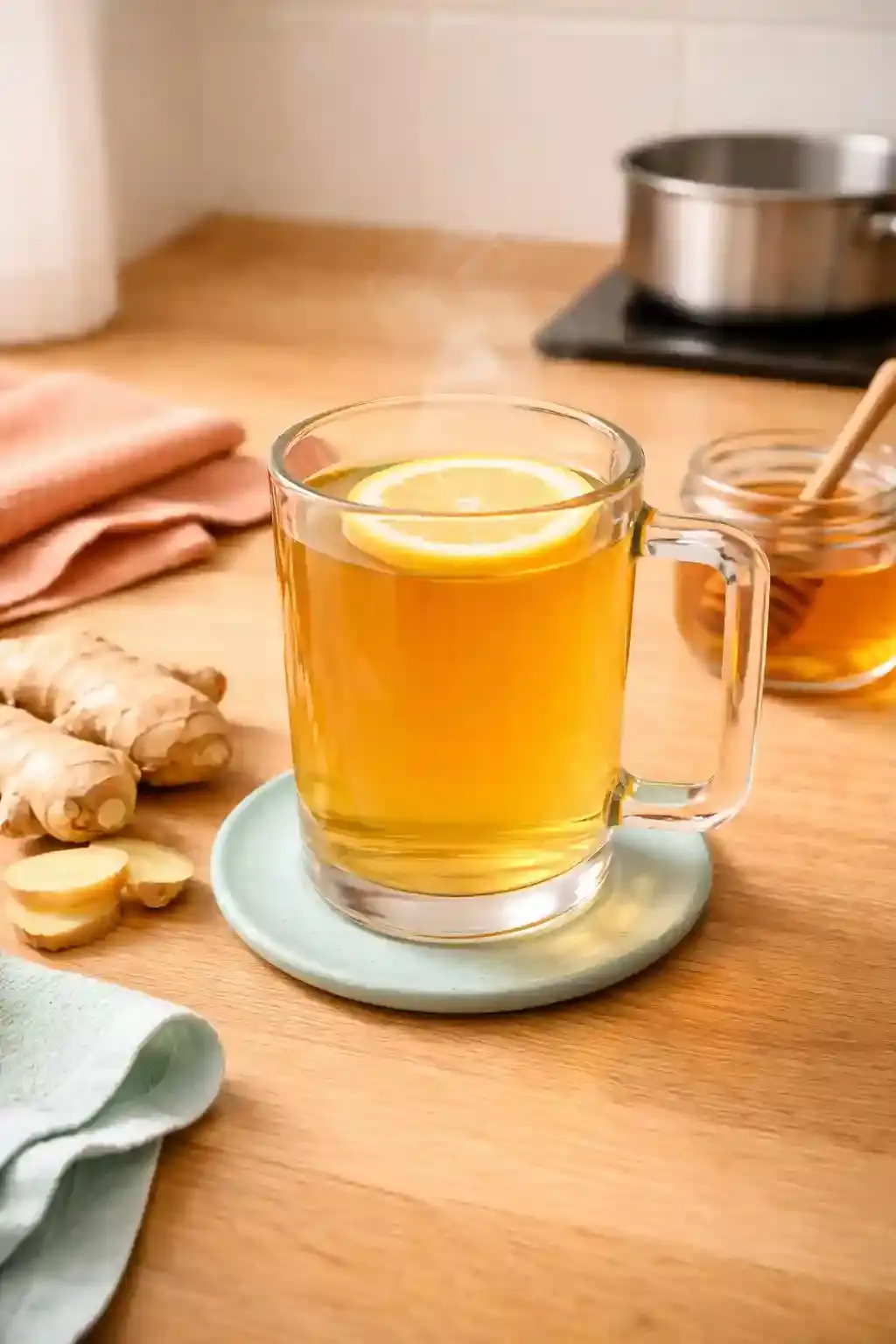 Finished Ginger Tea Serving Finished ginger tea served in a transparent glass mug with lemon garnish