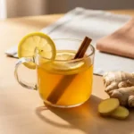 Steaming mug of ginger tea with lemon and cinnamon in soft cream-toned kitchen