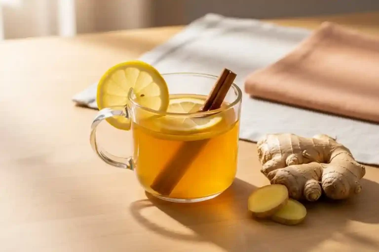 Steaming mug of ginger tea with lemon and cinnamon in soft cream-toned kitchen