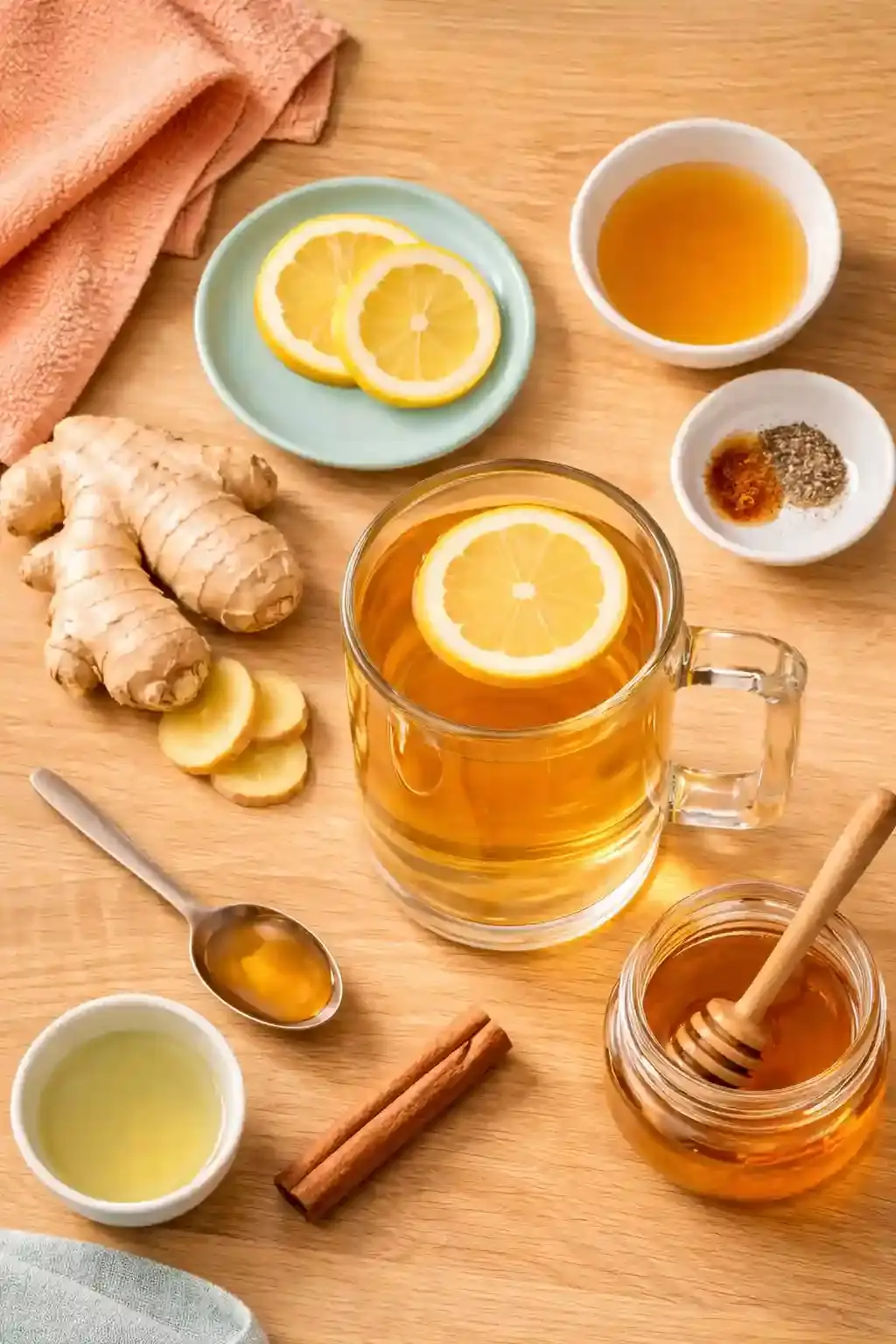 Ginger Tea Ingredients Ingredients for ginger tea including fresh ginger, lemon, honey, cinnamon, and a transparent glass mug