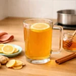 Ginger tea in a transparent glass mug with lemon and fresh ginger on a kitchen counter