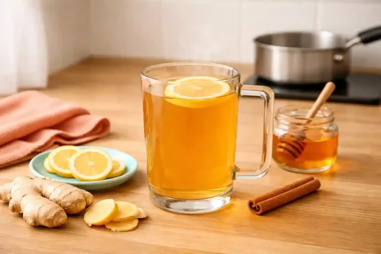 Ginger tea in a transparent glass mug with lemon and fresh ginger on a kitchen counter