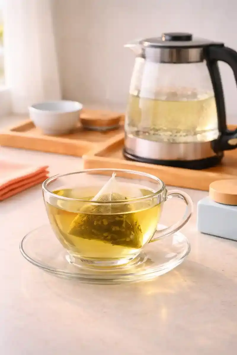 green tea steeping in glass cup light green color forming