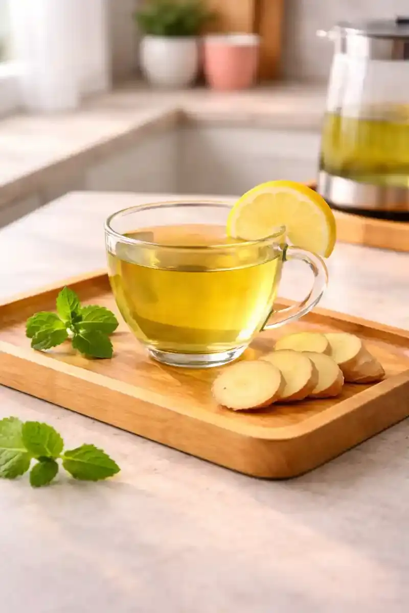 green tea with lemon ginger mint in glass cup