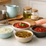 Homemade sauces guide with creamy herb sauce, tomato sauce, vinaigrette, and spicy sauce