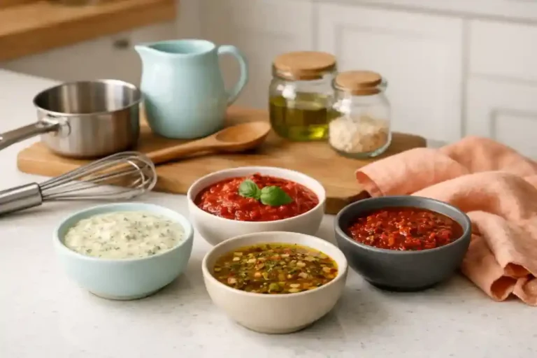 Homemade sauces guide with creamy herb sauce, tomato sauce, vinaigrette, and spicy sauce