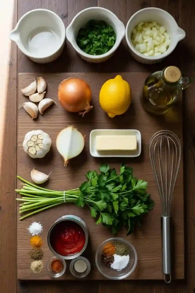 Fresh aromatics and base ingredients for homemade sauces on a wooden kitchen counter
