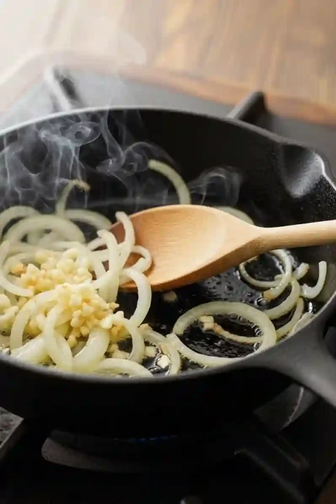 Butter, garlic, and onion sautéing in a cast iron pan for a sauce base