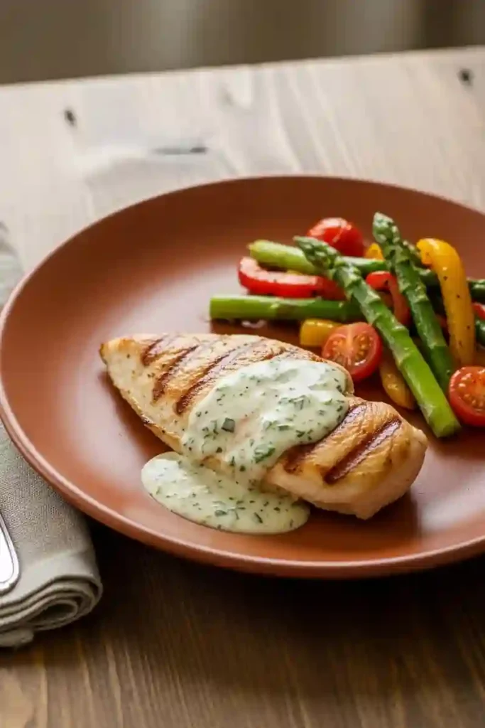 Grilled chicken topped with creamy homemade sauce beside vegetables on ceramic plate