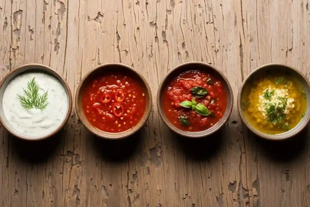 Top-down view of four homemade sauces in ceramic bowls on a rustic wooden counter