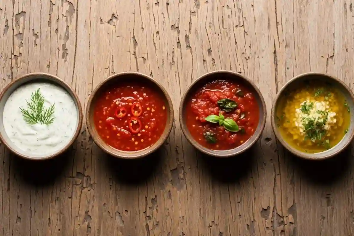 Top-down view of four homemade sauces in ceramic bowls on a rustic wooden counter