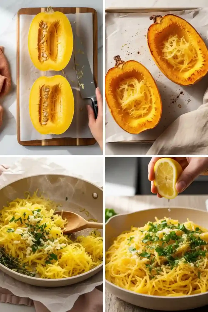 Four-step collage showing how to prepare spaghetti squash recipe from cutting to serving