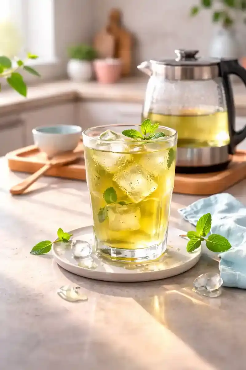 iced green tea in glass with ice cubes refreshing drink