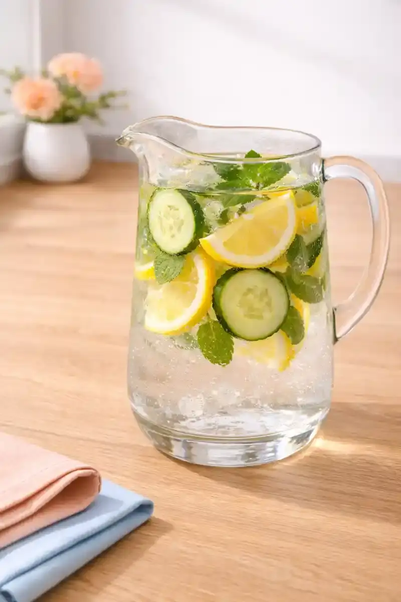 cucumber mint water infusing in glass pitcher