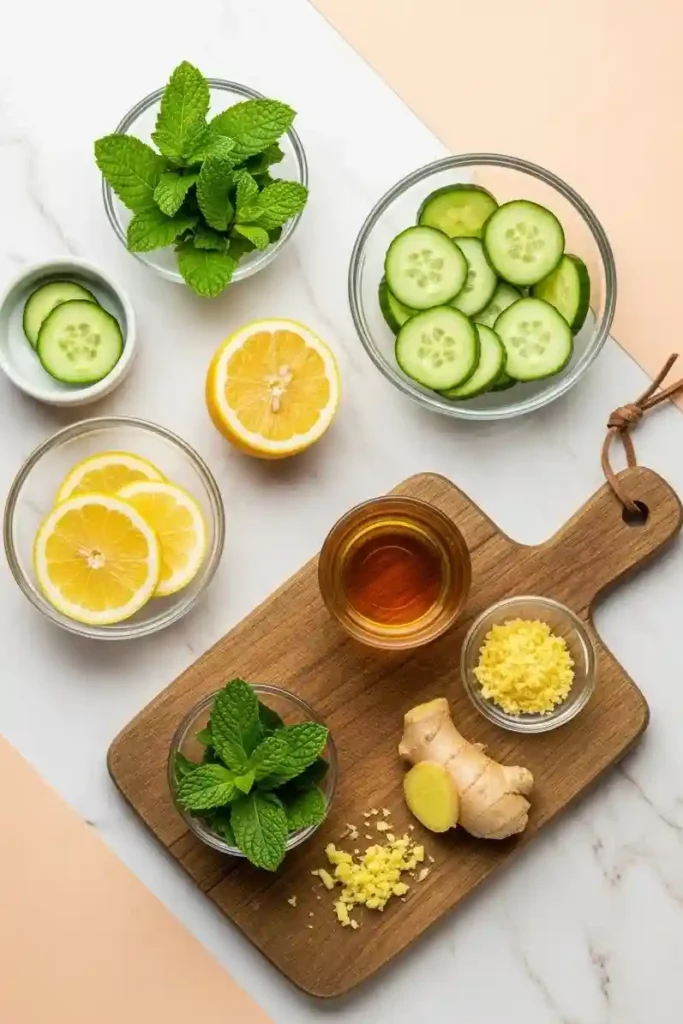 Cucumber, mint, lemon, ginger, and apple cider vinegar ingredients on light peach and cream surface