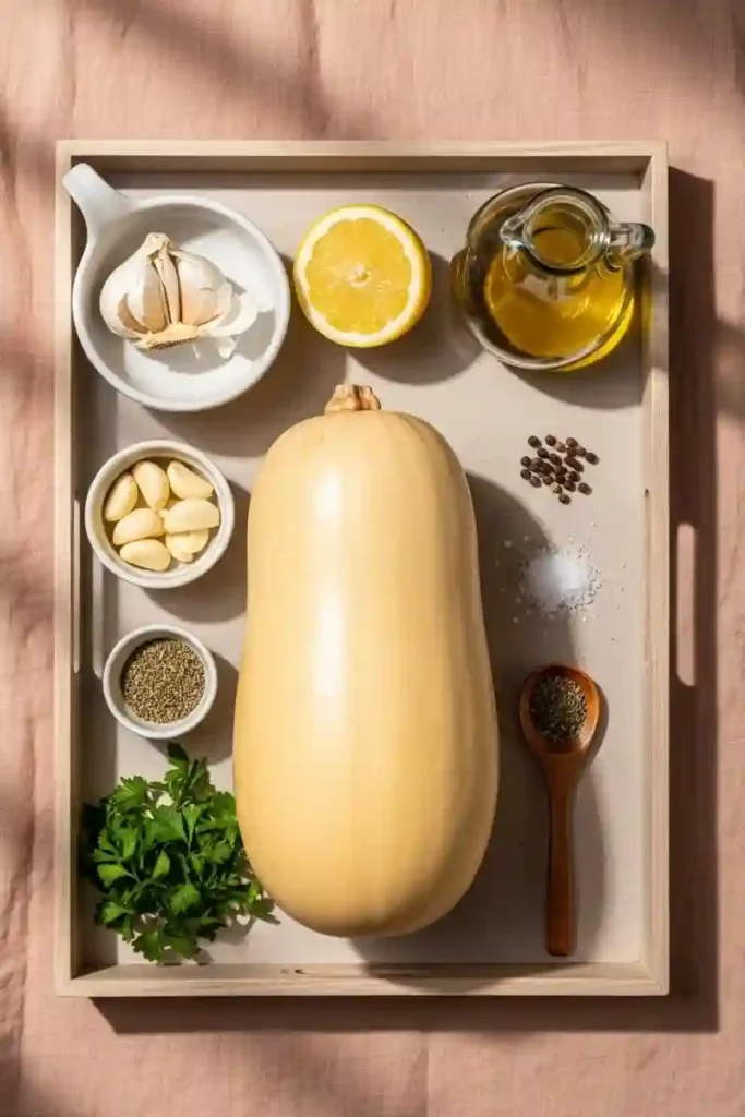 Spaghetti squash recipe ingredients styled on peach and beige background