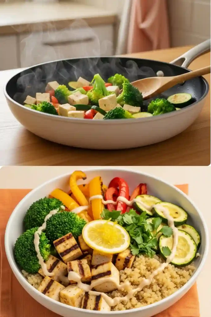tofu and vegetables cooking in pan, and final low calorie recipe bowl with quinoa and lemon