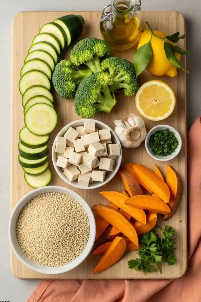 low calorie recipe ingredients including zucchini, tofu, quinoa, broccoli, and sweet potato