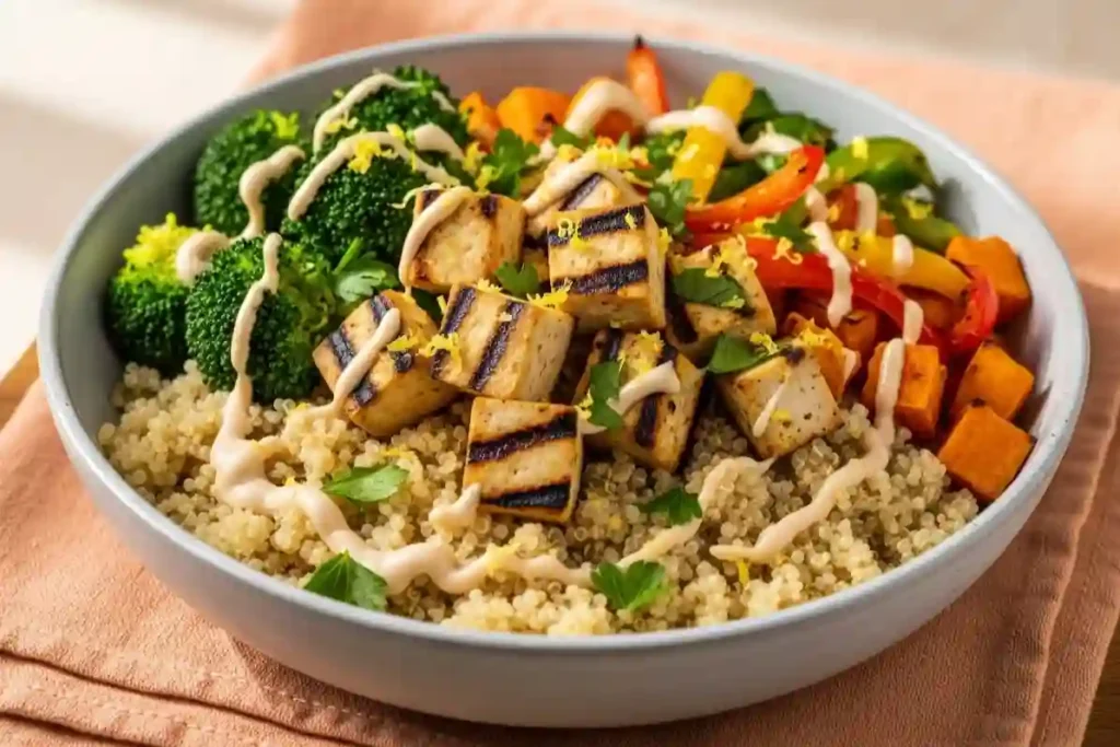 low calorie recipes with grilled tofu, quinoa, and vegetables