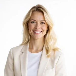 Natalie, recipe creator at To Learn Recipes, wearing a light blazer against a clean background, smiling confidently.