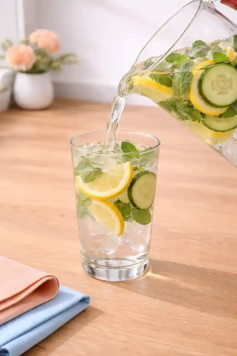 pouring cucumber mint water into glass with ice