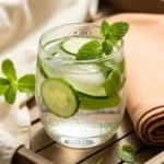 Chilled glass of cucumber mint water for weight loss with mint and lemon garnish on wooden tray
