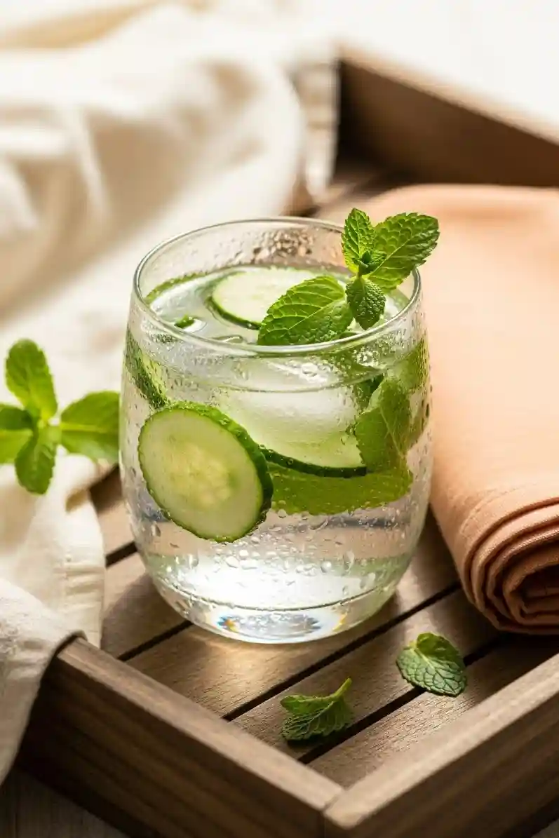 Chilled glass of cucumber mint water for weight loss with mint and lemon garnish on wooden tray