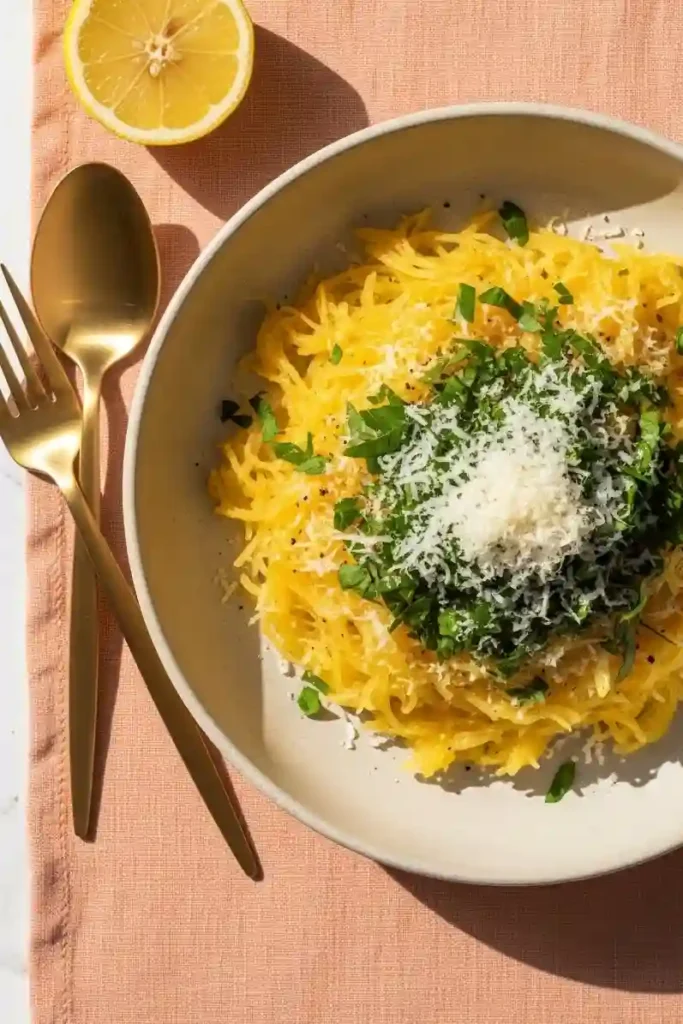 Final serving of spaghetti squash in beige bowl with herbs and lemon