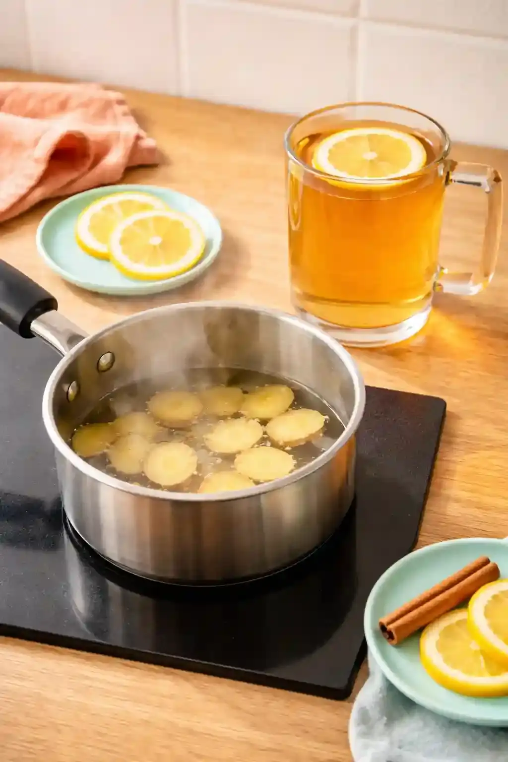 Simmering Ginger for Tea Fresh ginger simmering in a saucepan for homemade ginger tea