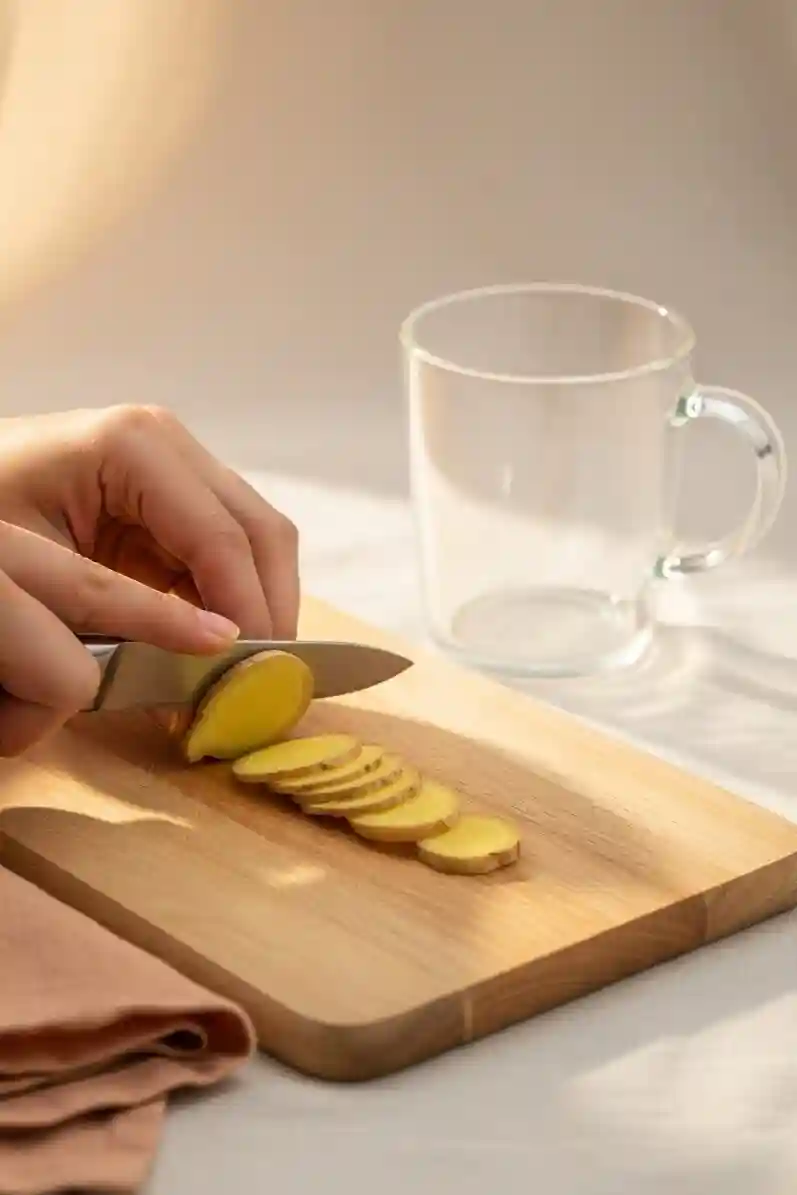Hand slicing fresh root on wooden board with small kitchen knife