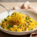 Roasted spaghetti squash recipe served on ceramic plate with herbs