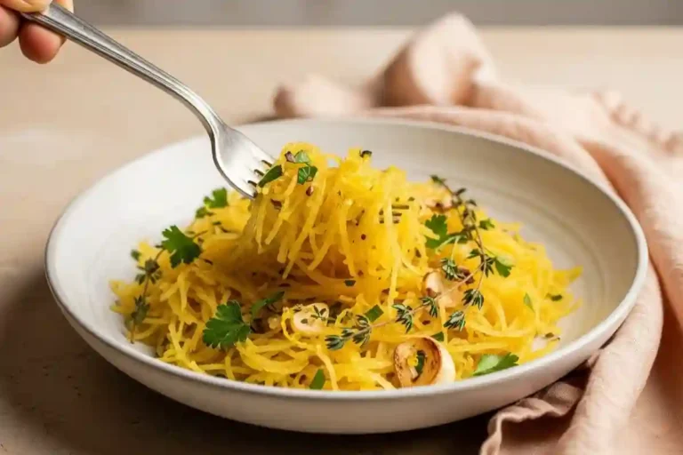 Roasted spaghetti squash recipe served on ceramic plate with herbs