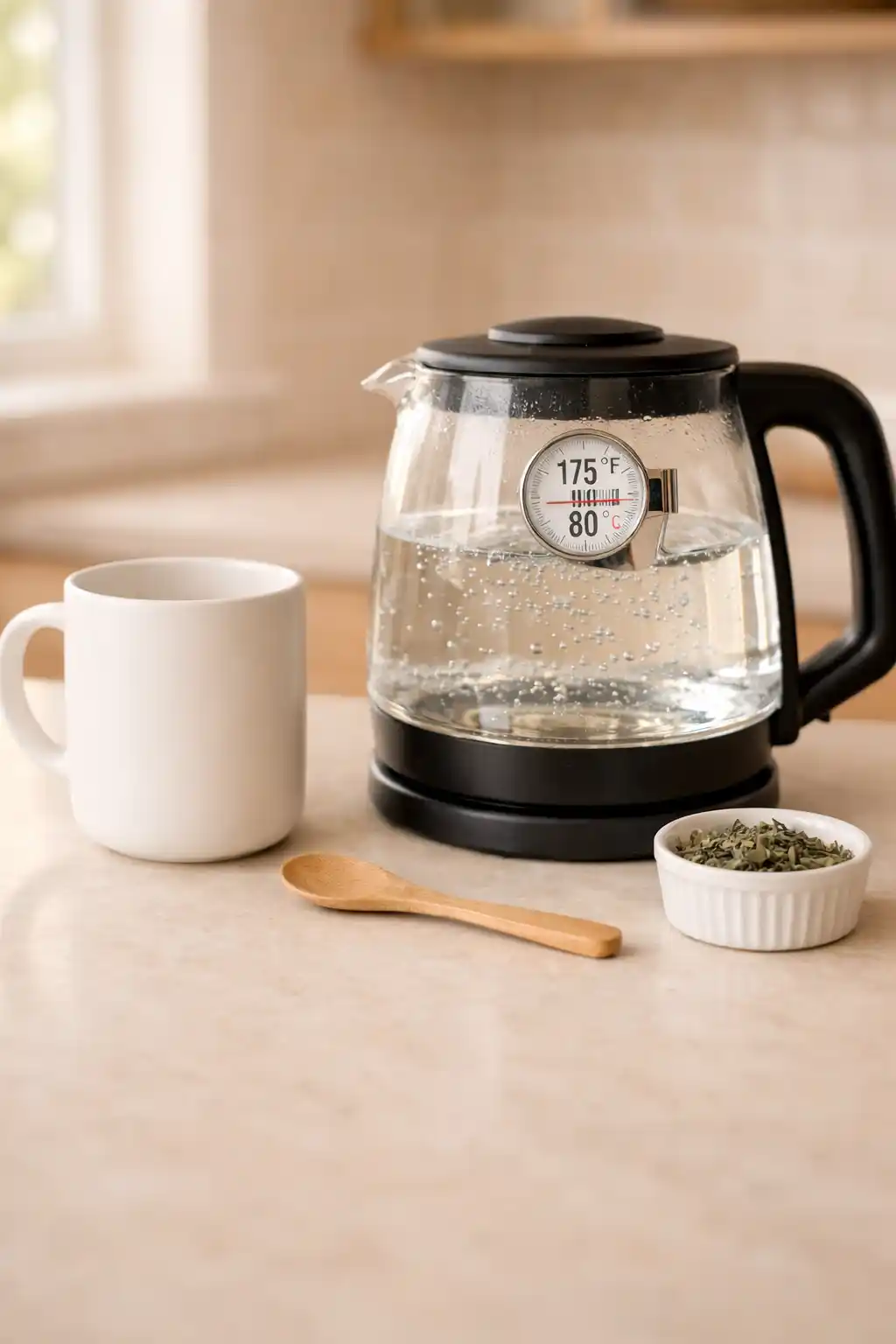 Glass kettle with hot water and small bubbles, showing gentle heating before boiling.