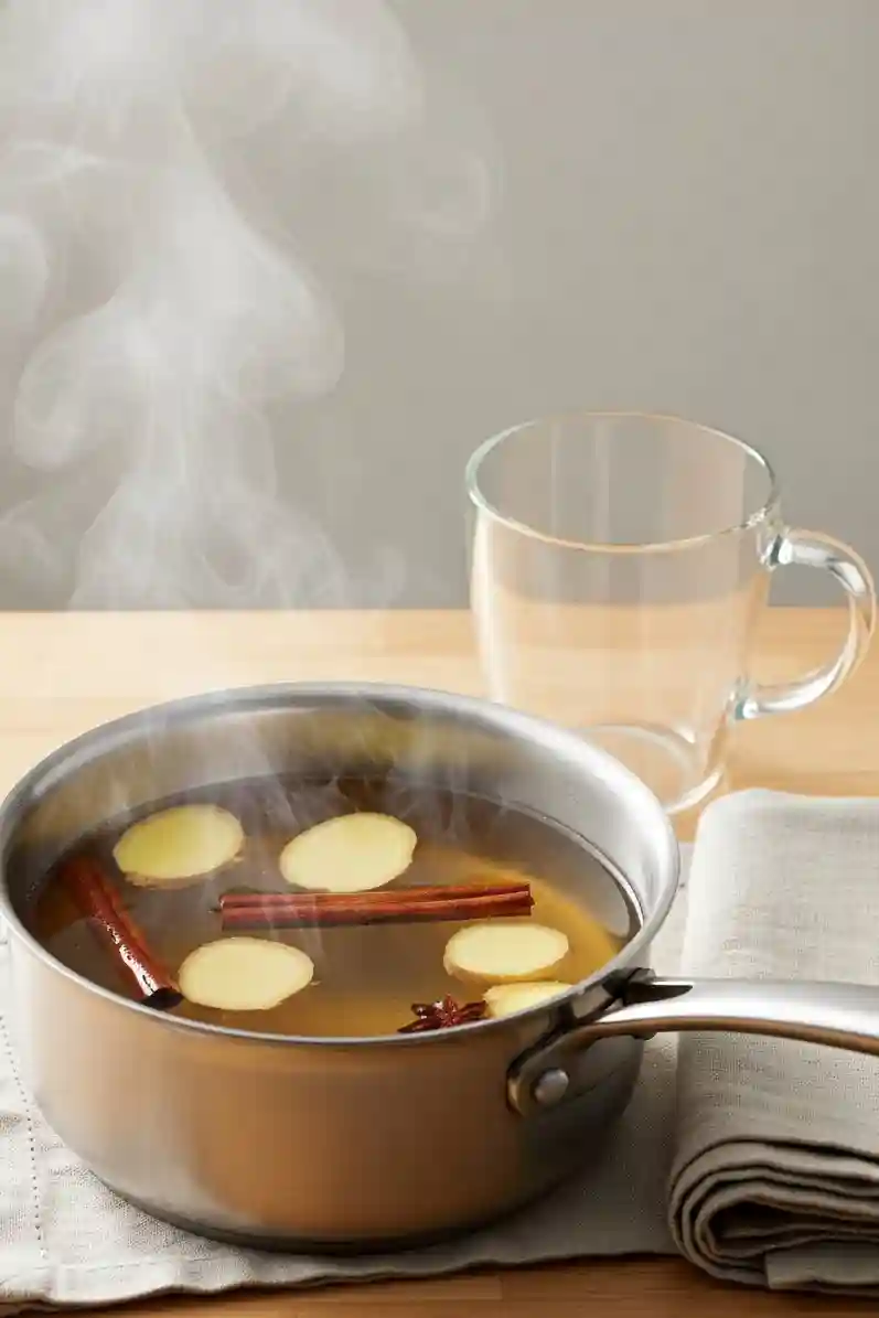 Warm steam rising from a saucepan of ginger and cinnamon beside a clear mug ready for serving.