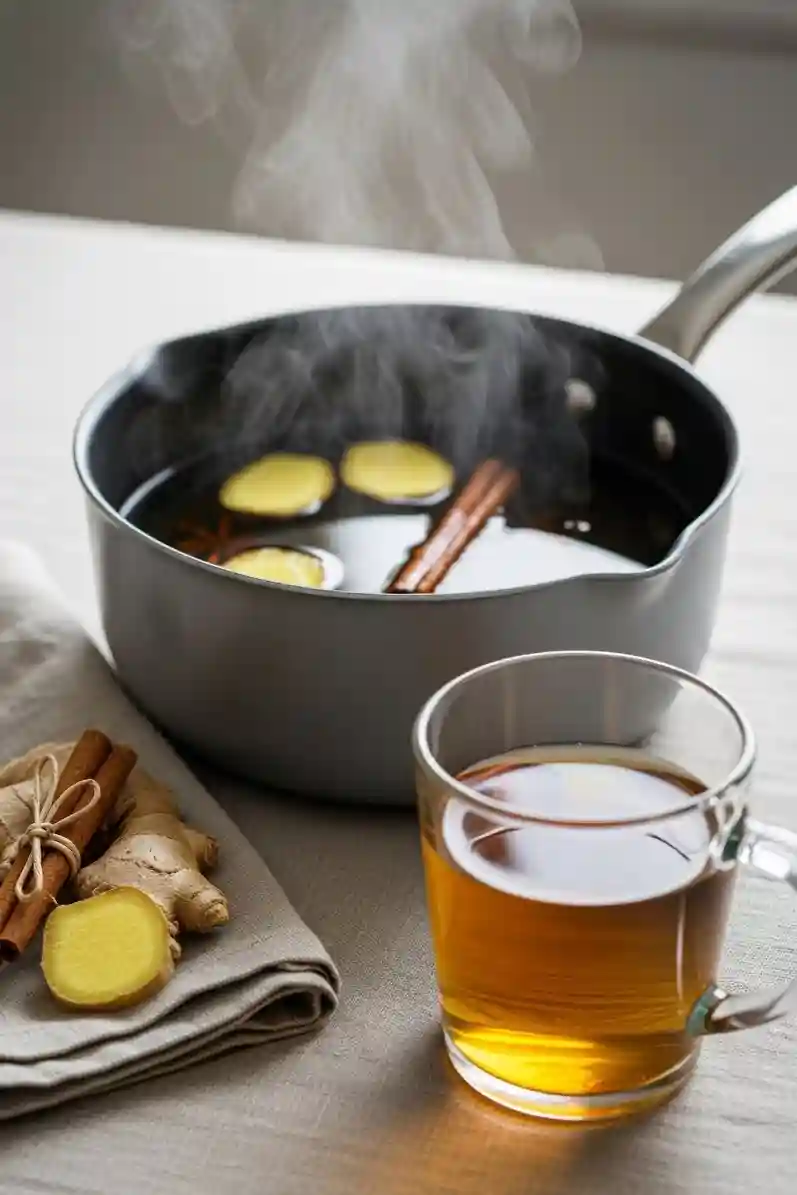 Warm steam rising from a saucepan of ginger and cinnamon beside an empty mug on the counter.