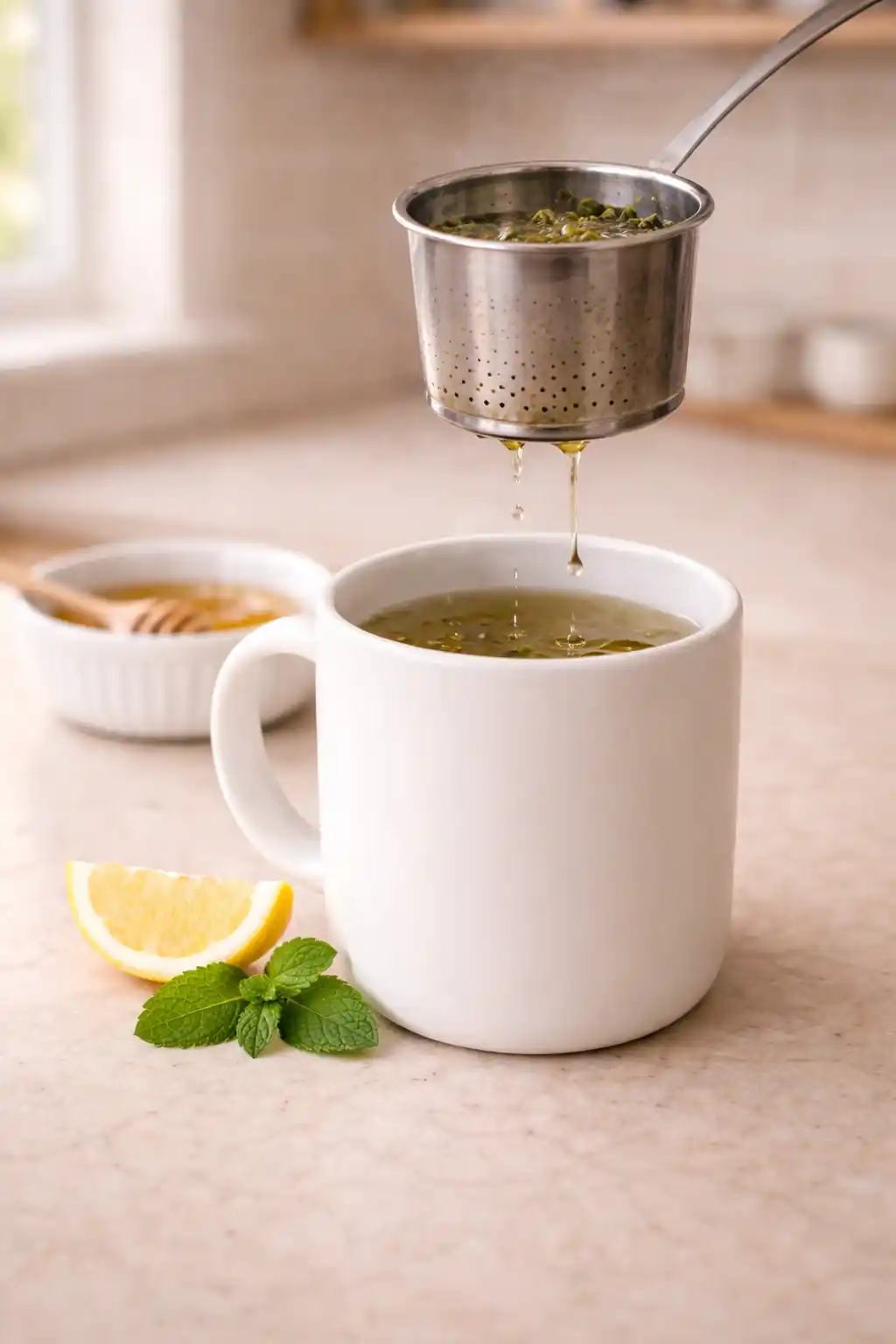 Tea infuser lifted above a mug of green tea with optional lemon, mint, and honey on the side.