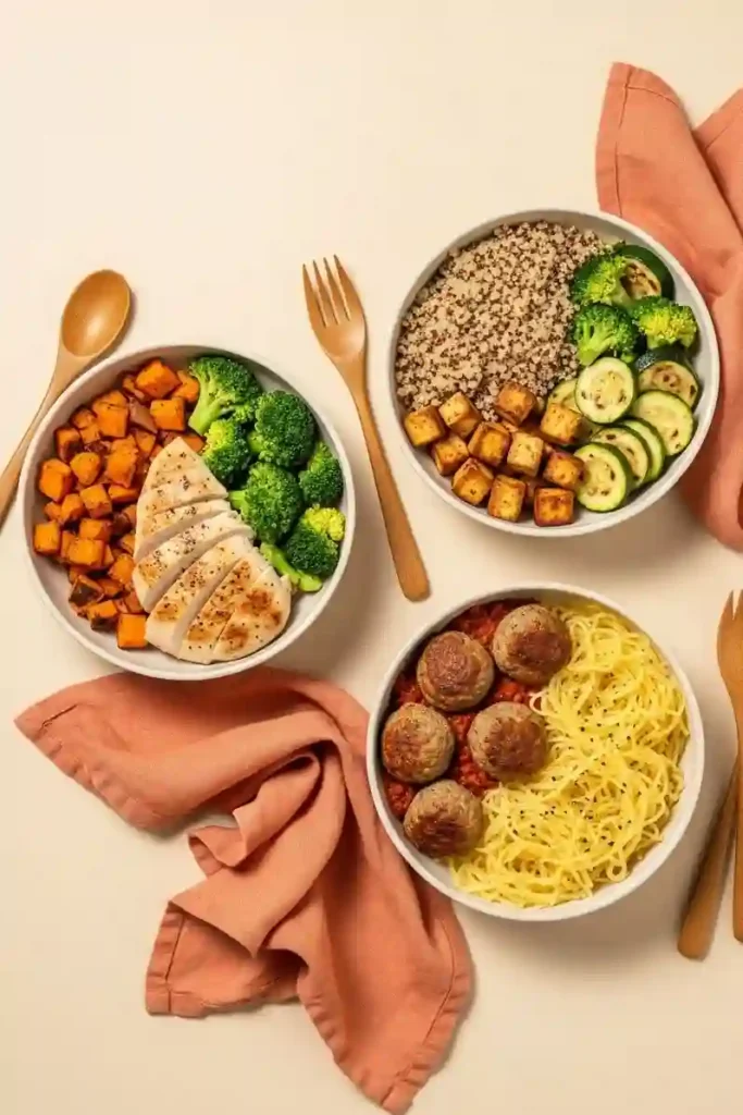 three balanced low calorie meals with chicken, tofu, and veggie meatballs in ceramic bowls