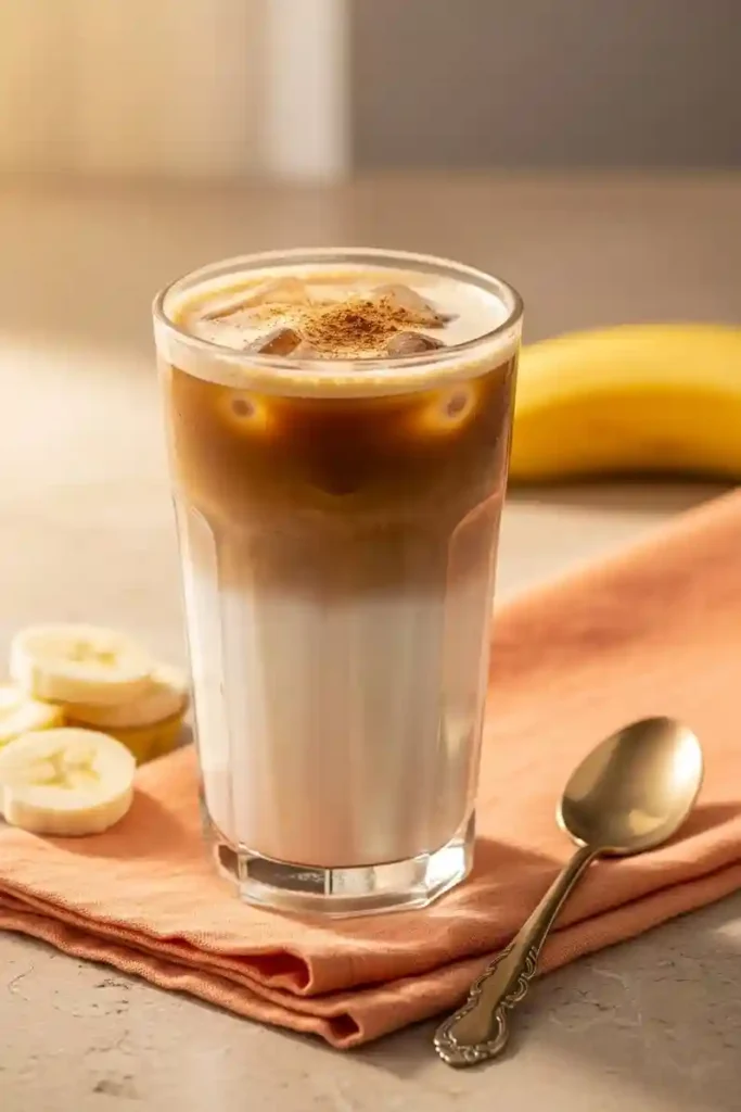 Iced banana bread latte with cinnamon, oat milk foam, and banana slices on peach napkin