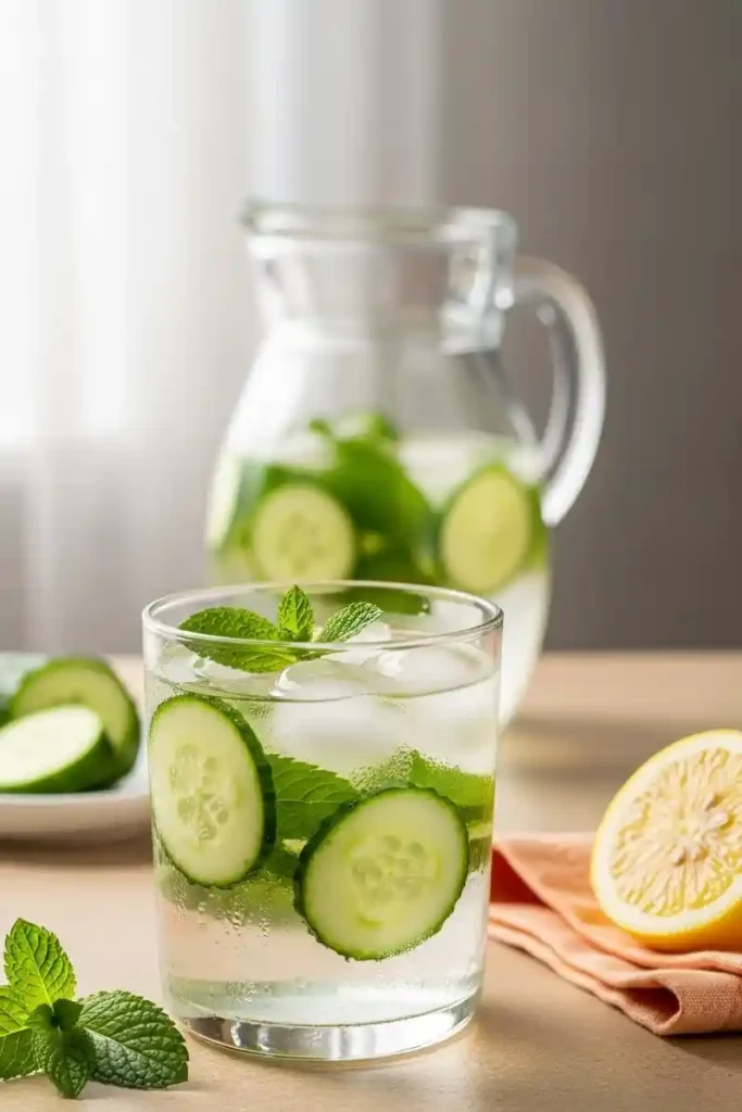 Glass of cucumber mint water with ice and mint garnish served on a beige table in natural light.