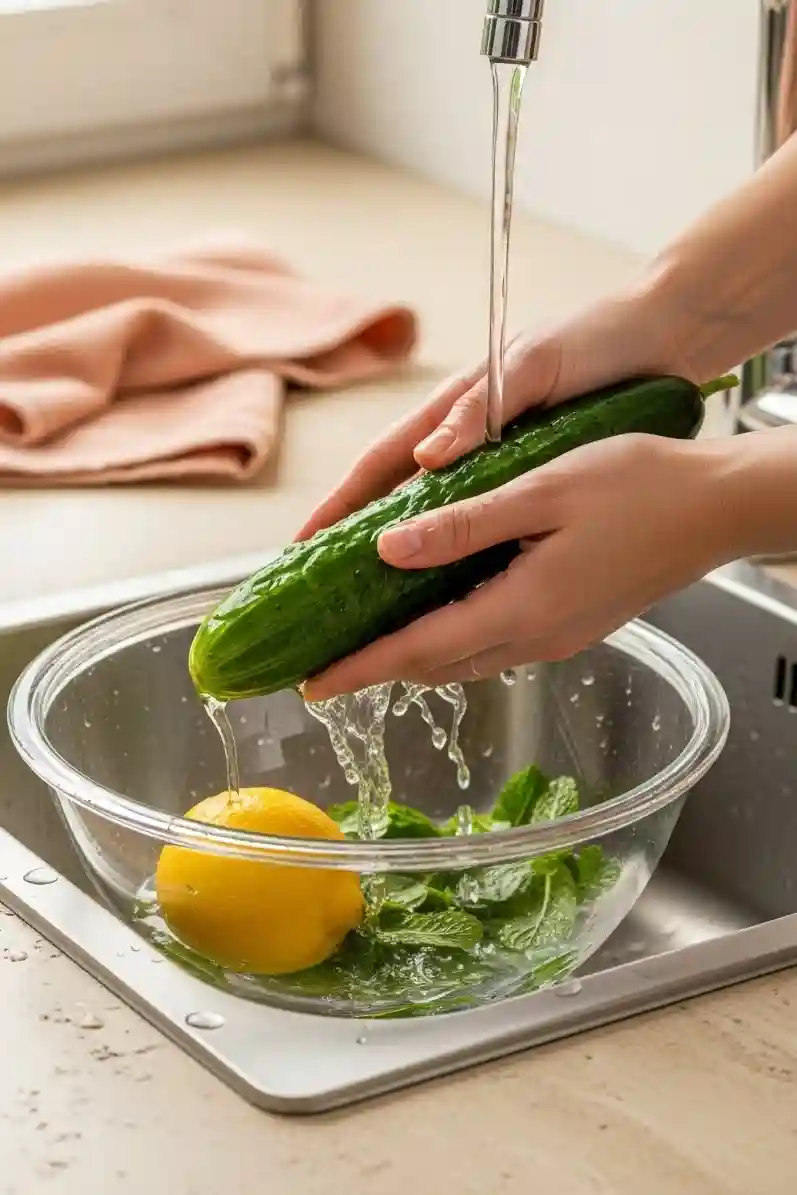 Washing cucumber, lemon, and mint before preparing cucumber mint water.