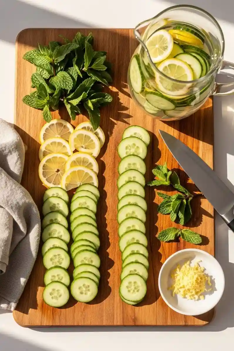 Adding sliced cucumber, lemon, mint, and ginger into a glass pitcher.