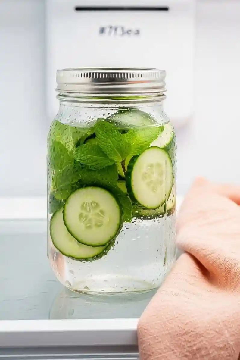 Mason jar of cucumber mint water stored in the refrigerator.