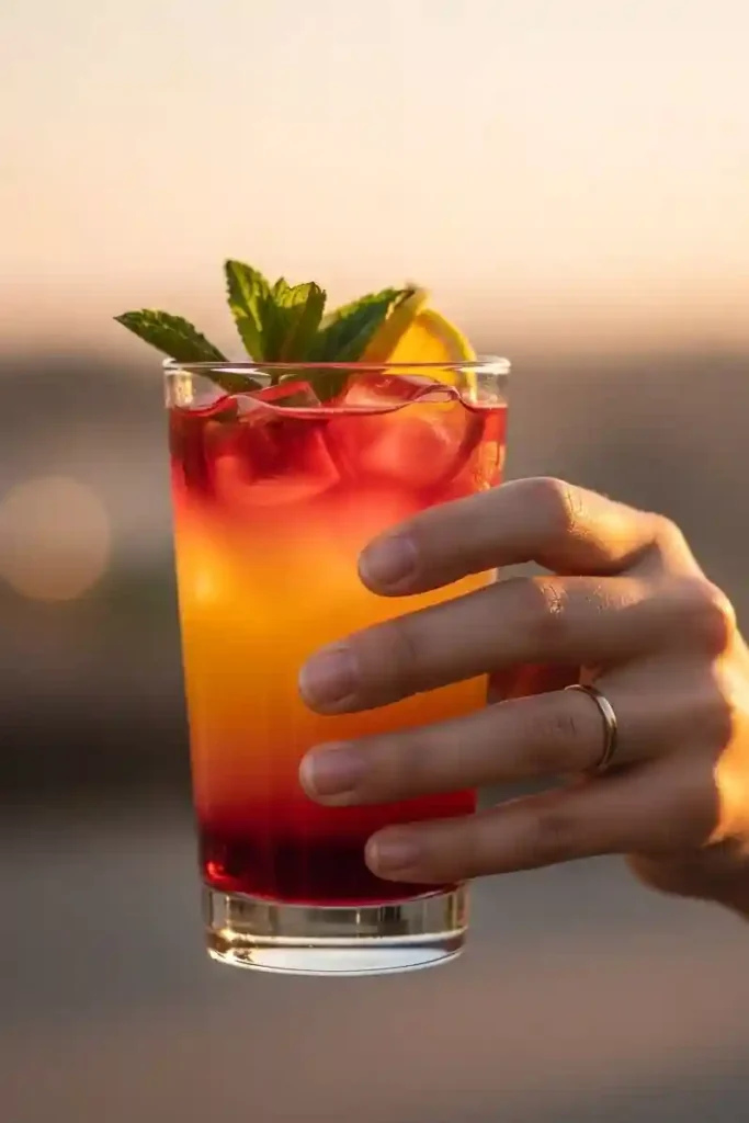 Hand holding a colorful viral drink with ice cubes, lemon, and mint at sunset