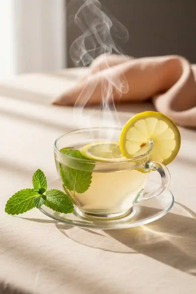 Warm lemon and mint herbal tea served in a clear glass cup with steam rising