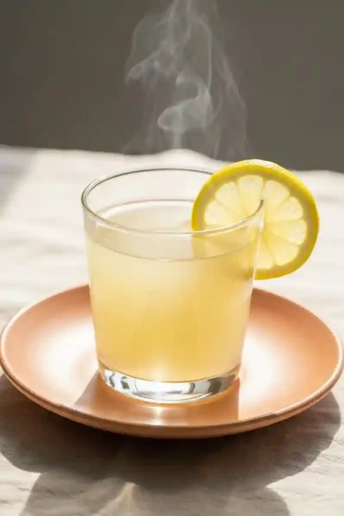 Steaming Japanese pink salt lemon drink served in a glass with a lemon slice on a peach plate