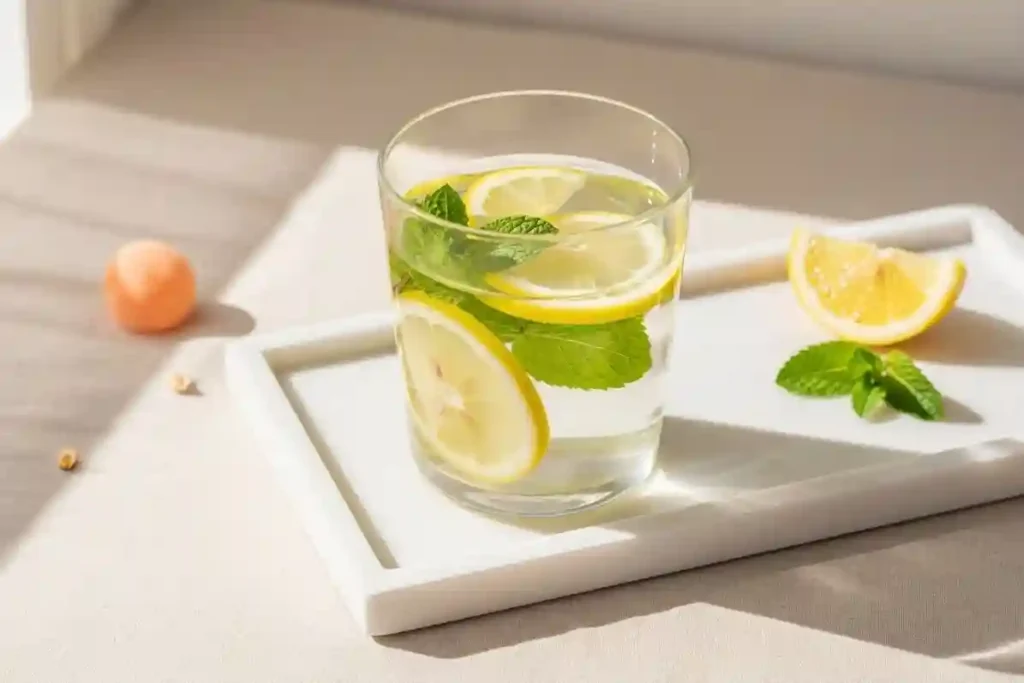 Lemon mint detox water in a clear glass on beige surface with natural light