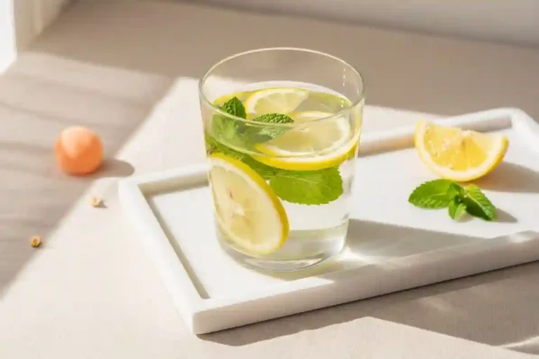 Lemon mint detox water in a clear glass on beige surface with natural light
