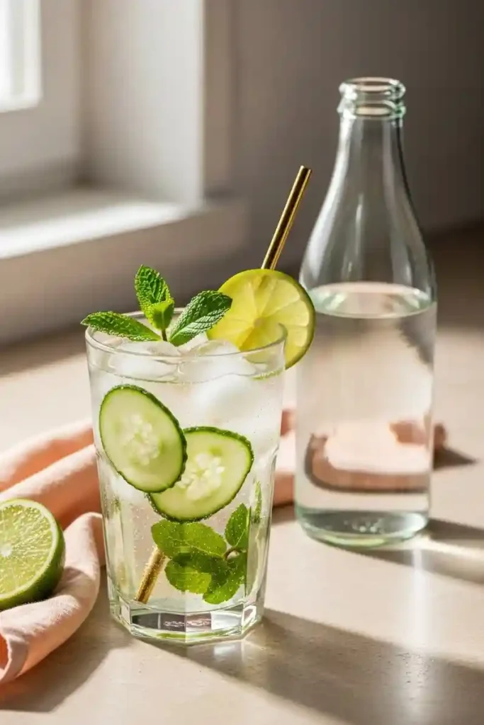 Low-calorie cucumber mint mocktail with lime slice, gold straw, and sparkling water