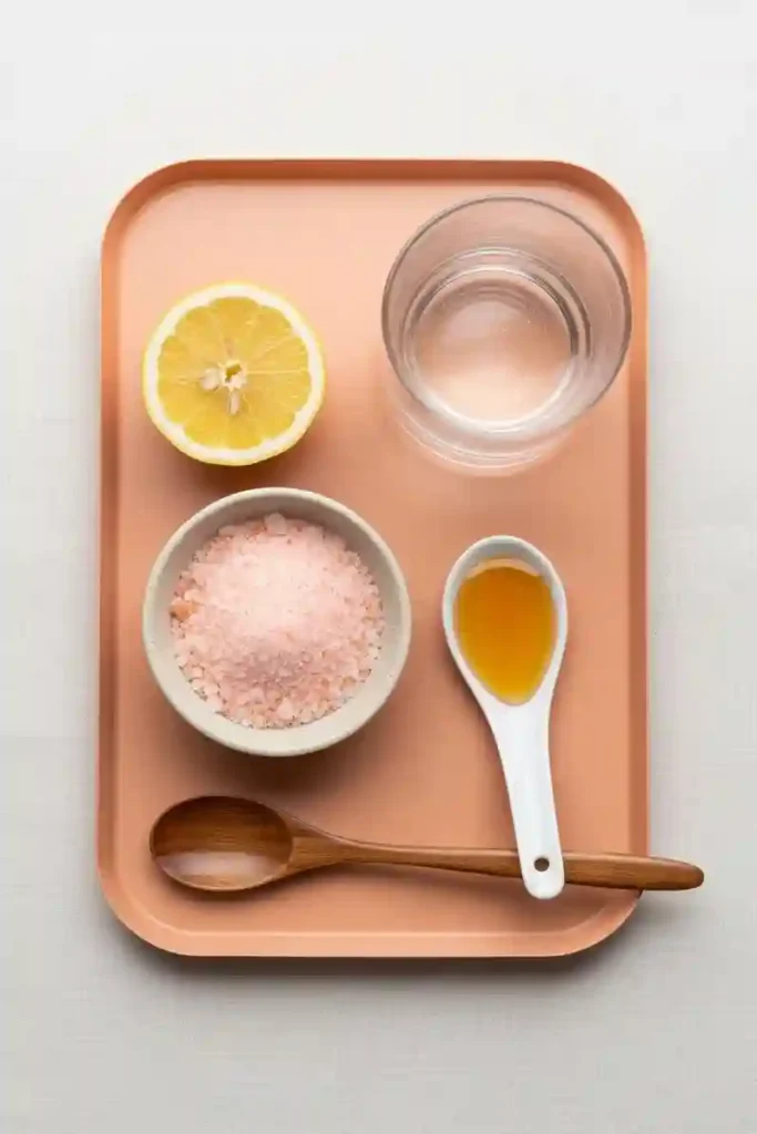 Top view of Japanese pink salt, lemon, honey, and water on a peach tray for a detox drink