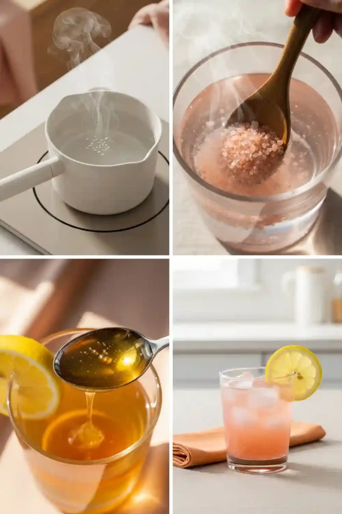 Step-by-step Japanese pink salt lemon drink preparation with salt, lemon, honey, and filtered water